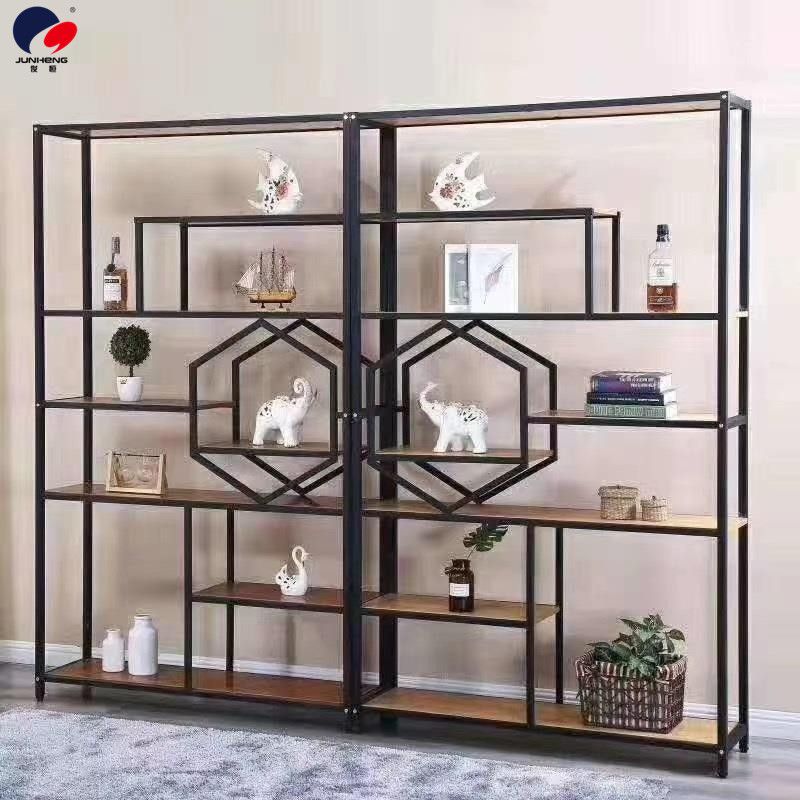 Ironwork antique display stand, living room and office partition storage rack, modern and simple floor-standing screen, steel and wood display stand Item Picture