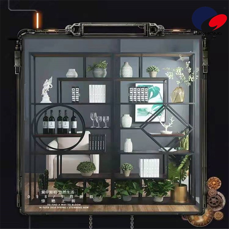 Ironwork antique display stand, living room and office partition storage rack, modern and simple floor-standing screen, steel and wood display stand detail image 6