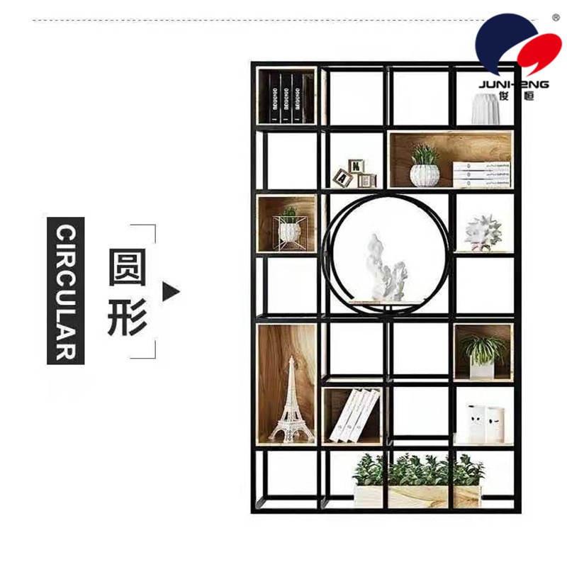 Ironwork antique display stand, living room and office partition storage rack, modern and simple floor-standing screen, steel and wood display stand detail image 3
