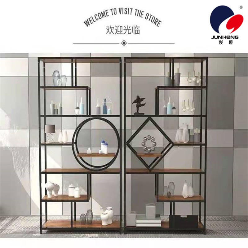 Ironwork antique display stand, living room and office partition storage rack, modern and simple floor-standing screen, steel and wood display stand detail image 1
