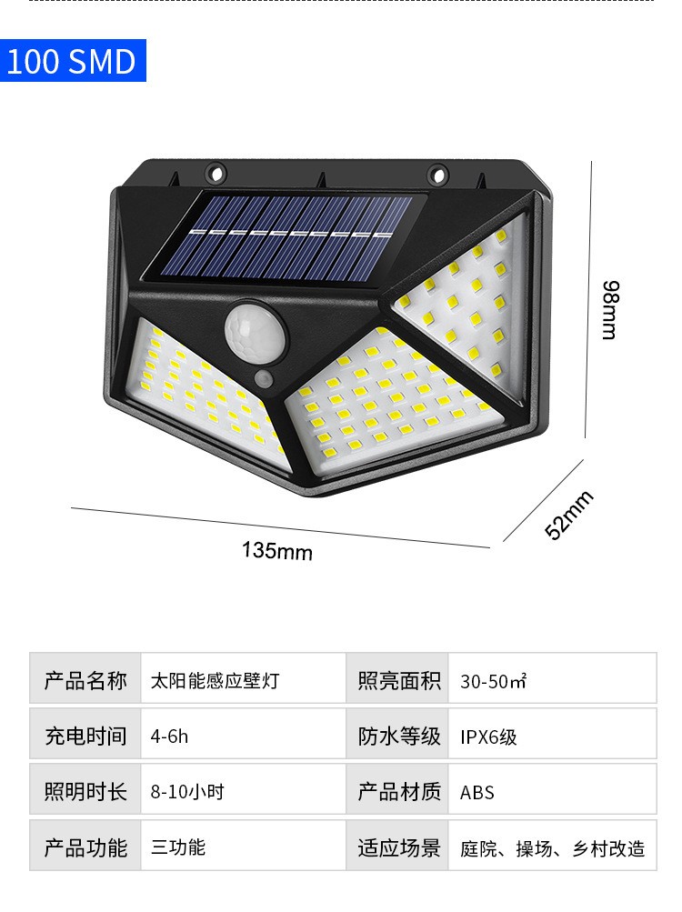100LED solar charging wall lamp, four-sided light-emitting human body sensor lamp detail image 12
