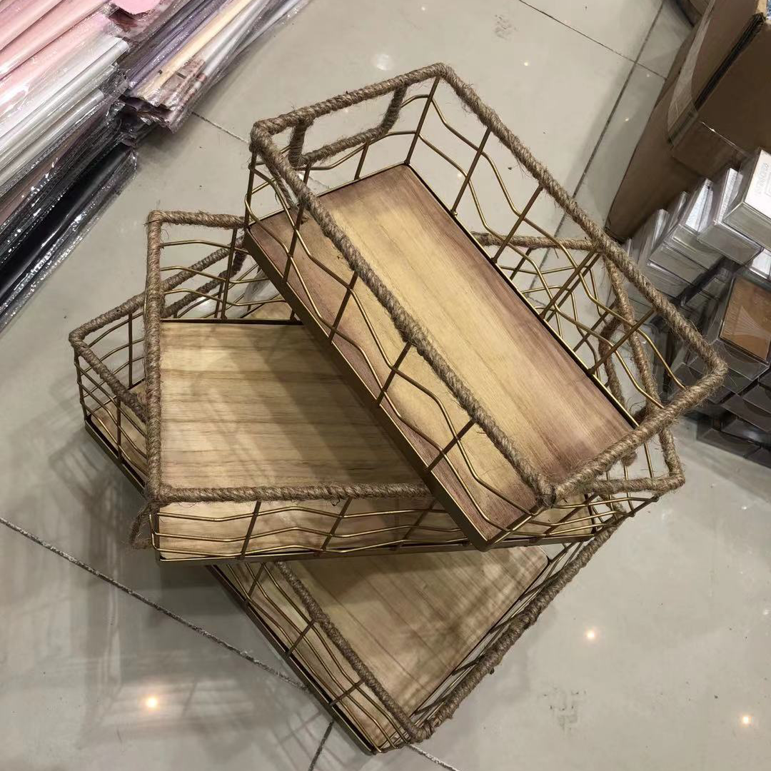 铁艺套三，长方编绳篮