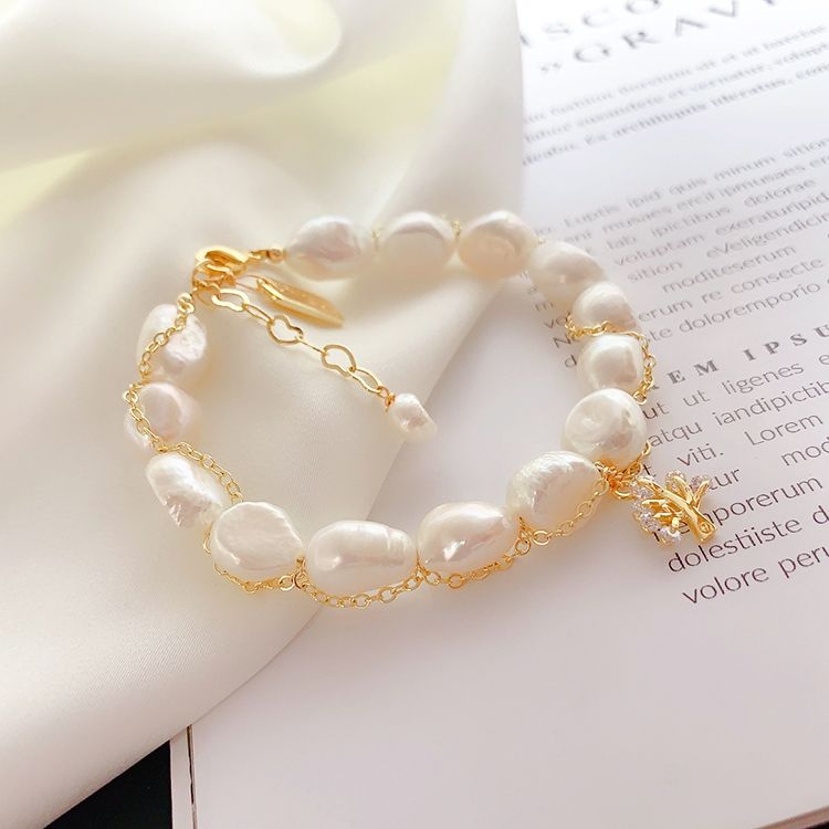  Wholesale Natural Freshwater Pearl Beads Charm Jewelry Bracelet Women 14K Gold Plated Bracelets thumbnail
