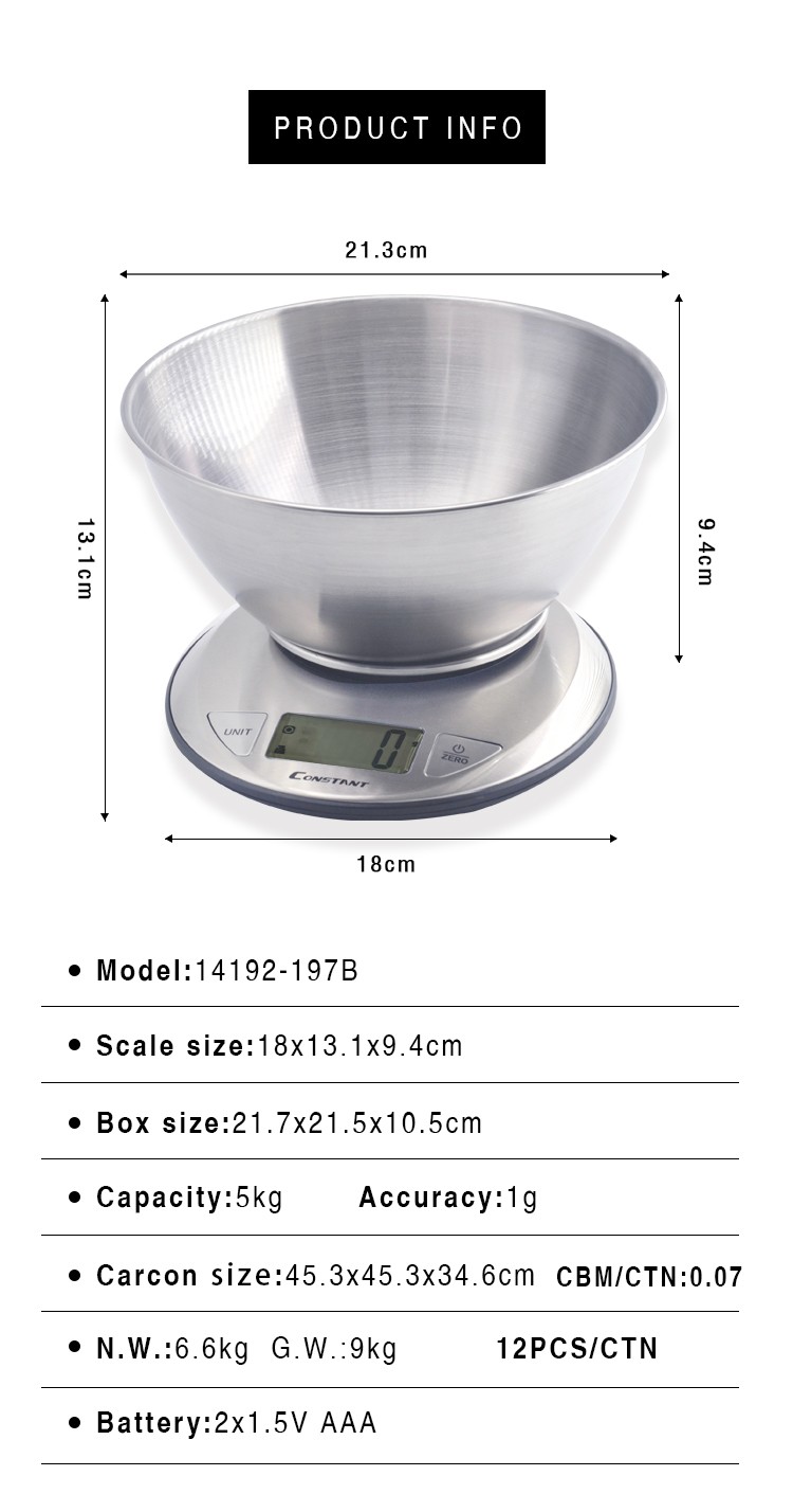 [Constant-197B]电子厨房秤不锈钢带碗托盘可称量液体家用烘焙称详情图1