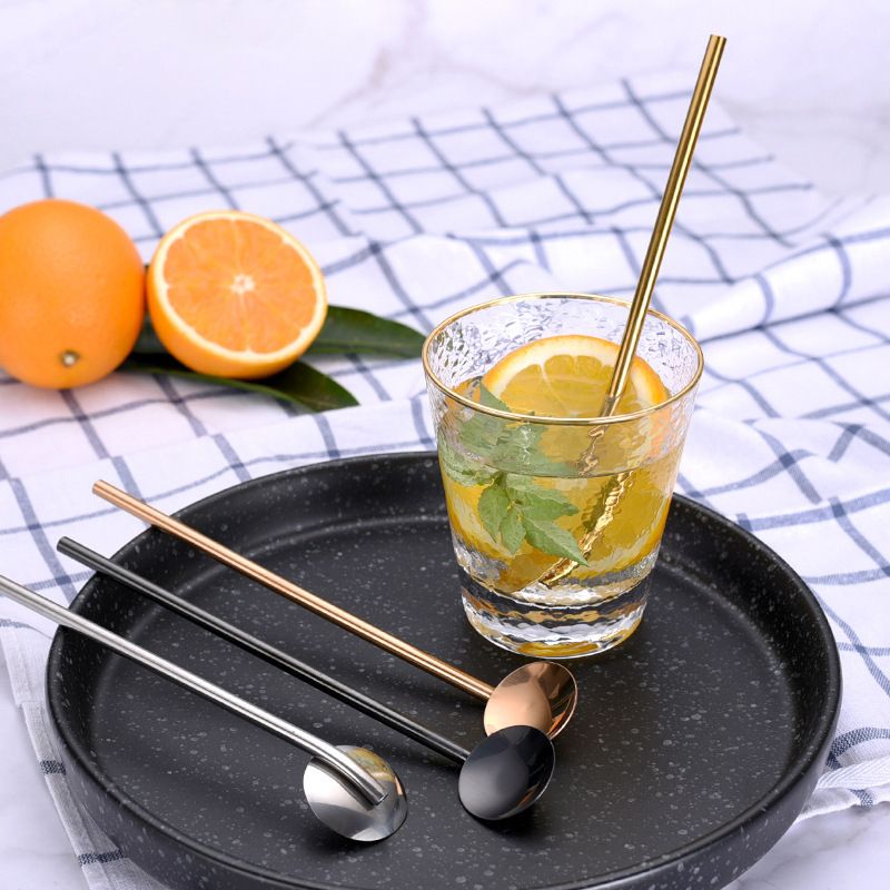 Creative 304 stainless steel straw spoon, bar spoon, multi-functional coffee stirring spoon, titanium-coated colored metal spoon wholesale -19 Portable, easy to clean, reusable stainless steel straw spoon, creative straw spoon two-in-one Application Scenario