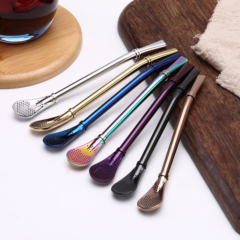 Svino 304 stainless steel creative color-coated straw spoon, milk tea, coffee, yerba mate filter spoon, stirring spoon -14 portable, easy to clean, reusable stainless steel straw spoon, encrypted filtration, creative details Picture