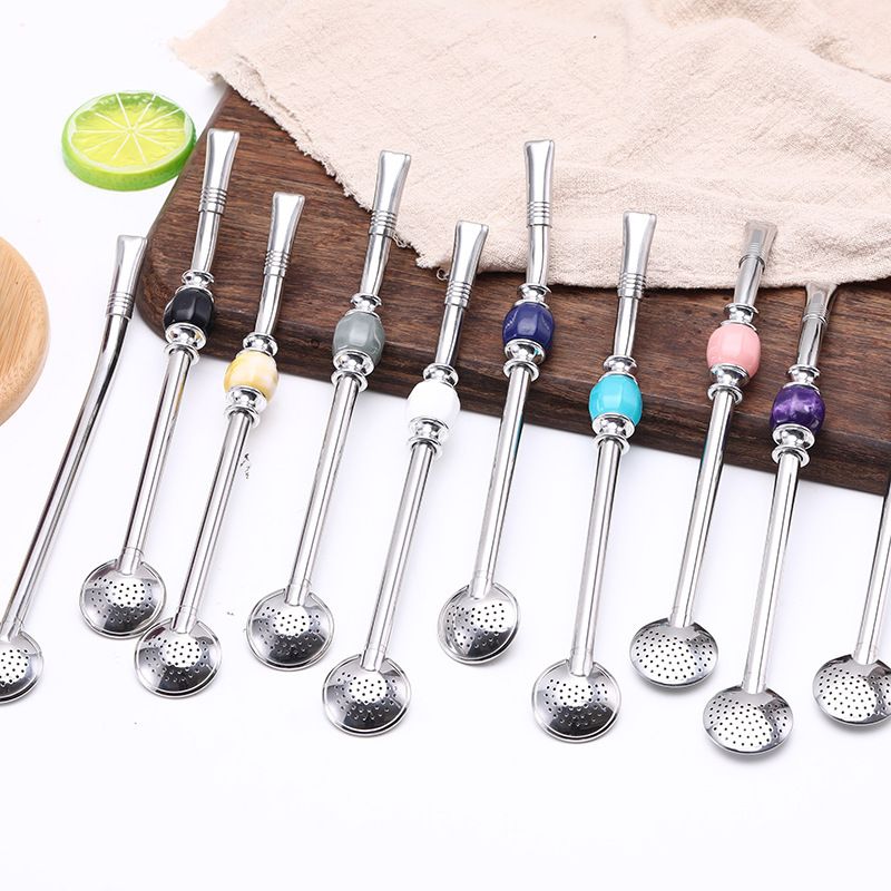 Mate tea straw spoon 304 stainless steel creative straw spoon milk tea coffee mate tea filter spoon Stirring spoon -18 portable, easy to clean, reusable stainless steel straw spoon customizable LOGO Specification image