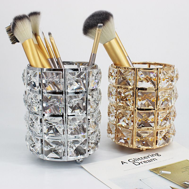 化妆品收纳桶欧式水晶笔筒美甲金属工艺品婚庆装饰道具