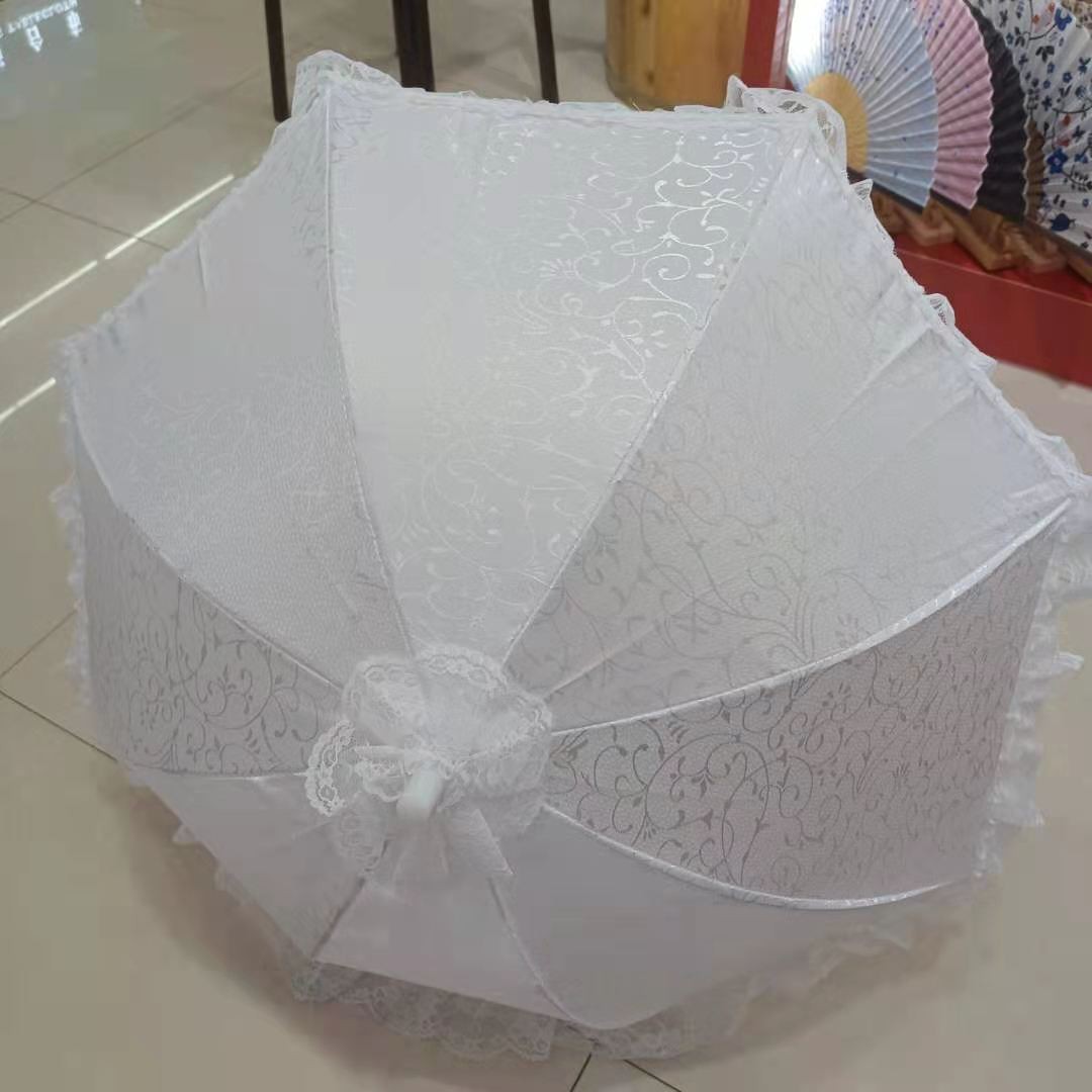 德祯  简约长杆新娘结婚白色提花布蕾丝婚  纱伞婚庆道具伞详情图2
