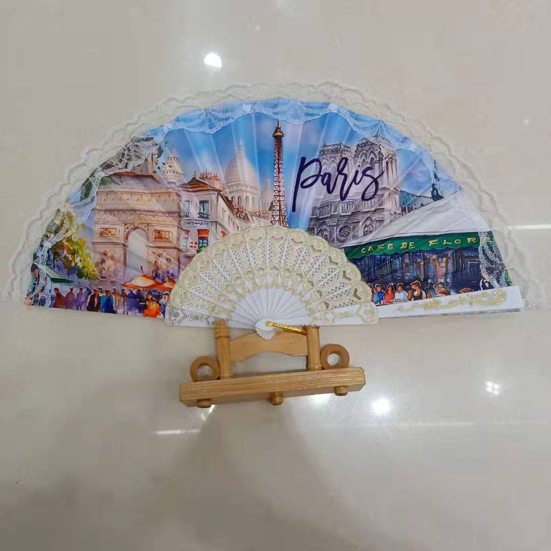 德祯  厂家直销  美国拉斯维加斯图案扇子  塑料彩杆烫金扇骨花边扇详情图2