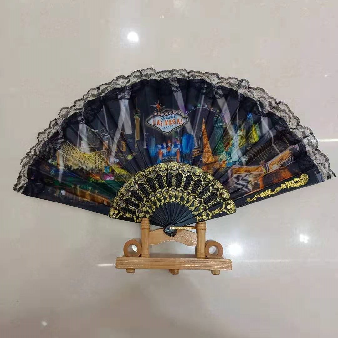 德祯  厂家直销  美国拉斯维加斯图案扇子  塑料彩杆烫金扇骨花边扇详情图3