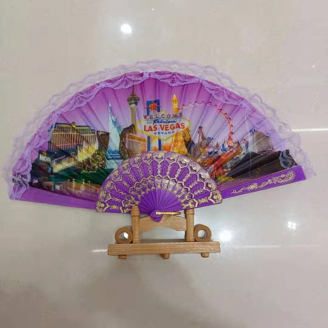 德祯  厂家直销  美国拉斯维加斯图案扇子  塑料彩杆烫金扇骨花边扇详情图6