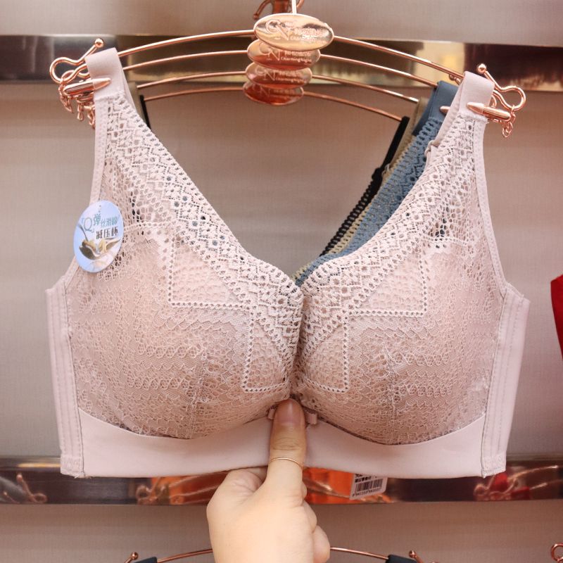 Non-magnetic underwear women's gathering adjustment non-coil bra, thick sexy lace bra, breathable silk-smooth cotton pressure-reducing cup