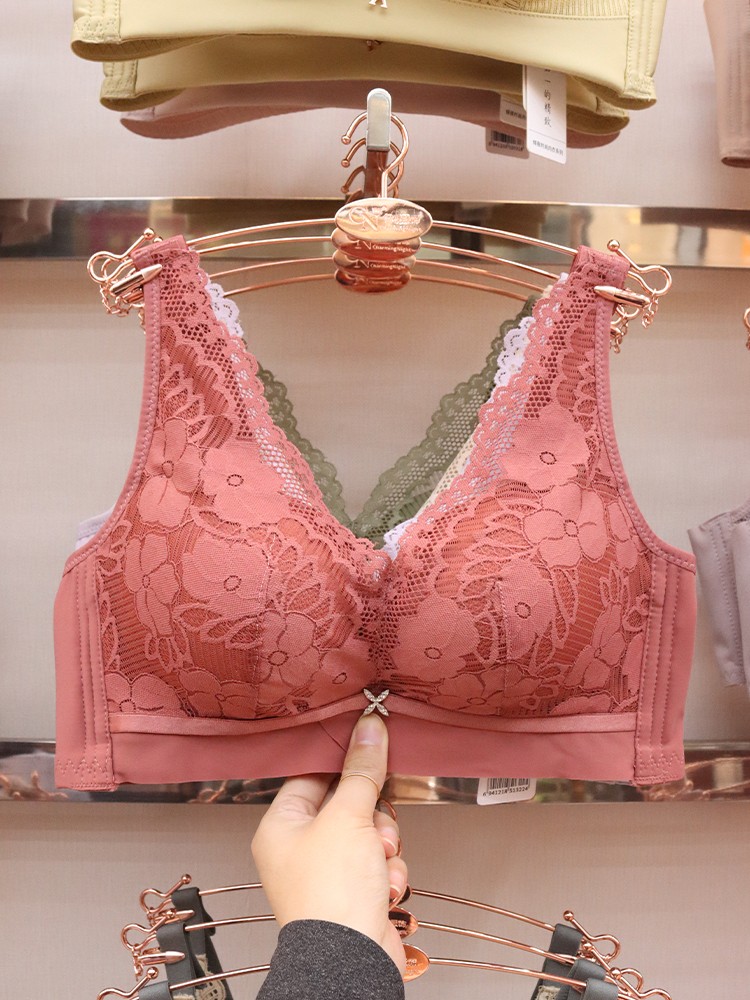 Lingerie women's small breasts gather, mid-thick bra bra bra without underwire, comfortable adjustment type upper lace-up accessory, deep V-shaped lace detail image 7