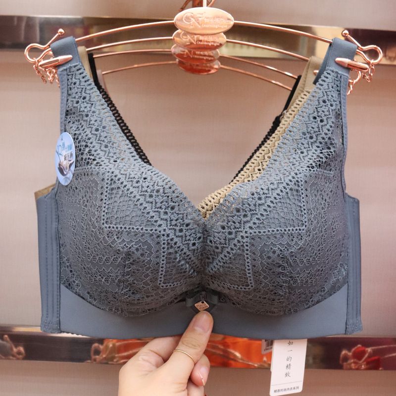 Non-magnetic underwear women's gathering adjustment non-coil bra, thick sexy lace bra, breathable silk-smooth cotton pressure-reducing cup details Picture