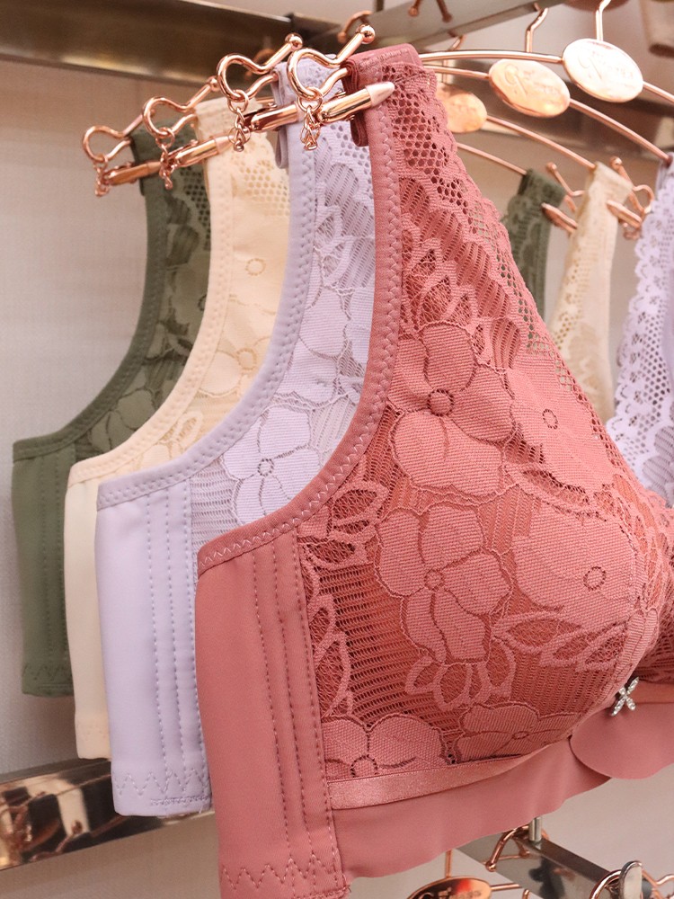Lingerie women's small breasts gather, mid-thick bra bra bra without underwire, comfortable adjustment type upper lace-up accessory, deep V-shaped lace detail image 5