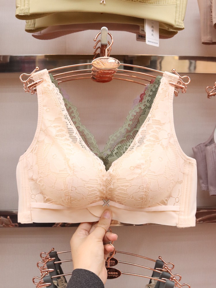 Lingerie women's small breasts gather, mid-thick bra bra bra without underwire, comfortable adjustment type upper lace-up accessory, deep V-shaped lace detail image 9