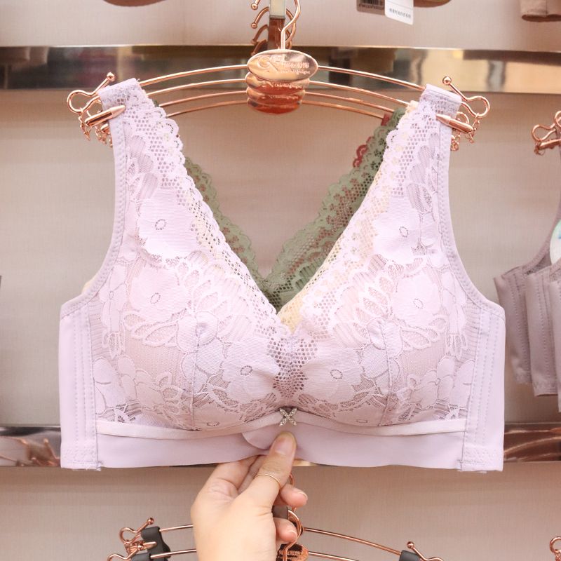 Lingerie women's small breasts gather, mid-thick bra bra bra without underwire, comfortable adjustment type upper lace-up accessory, deep V-shaped lace