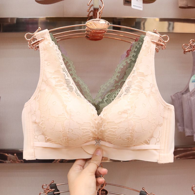 Lingerie women's small breasts gather, mid-thick bra bra bra without underwire, comfortable adjustment type upper lace-up accessory, deep V-shaped lace details Picture