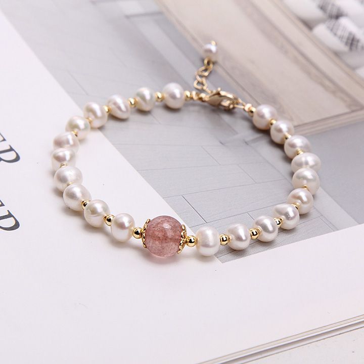 Strawberry Quartz Bracelet Freshwater Pearl Bracelet 14K Gold Plated Freshwater Pearl Bracelet thumbnail