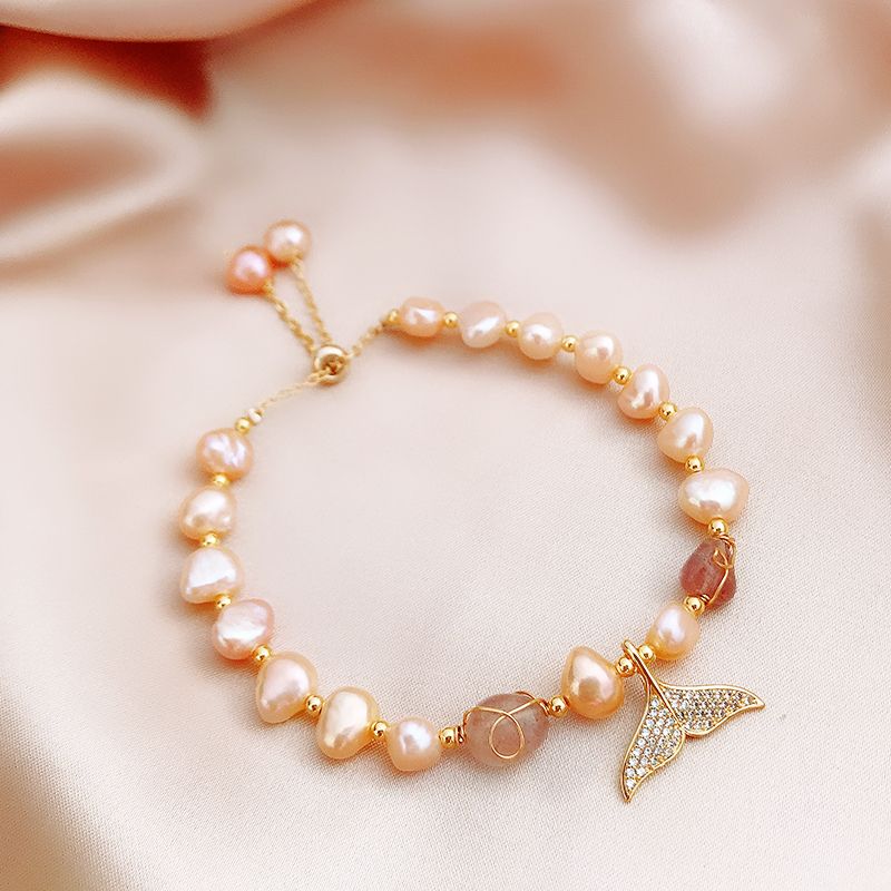 New Fashion Fish Tail Freshwater Pearl Strawberry Quartz beaded Bracelet Women thumbnail