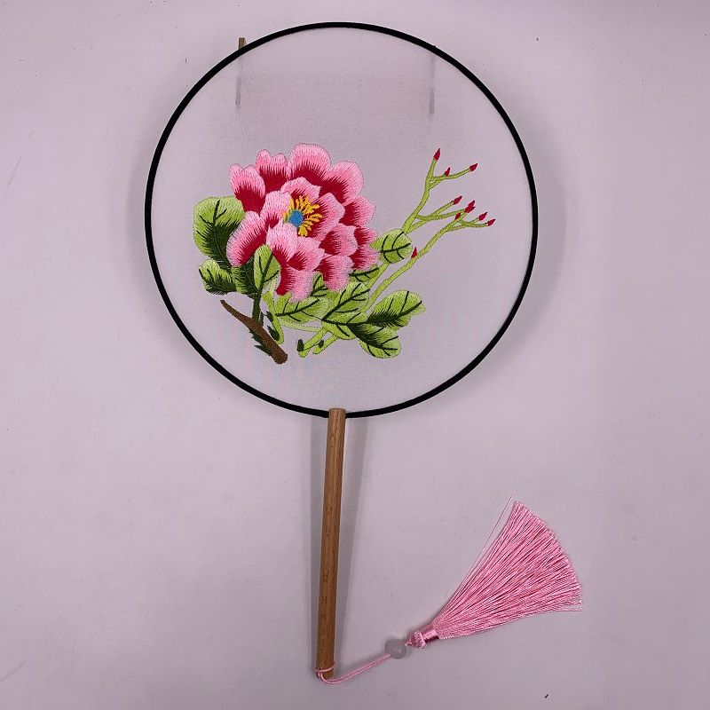 透明刺绣宫扇汉服单面绣花扇子古风团扇中国风复古真丝线扇子