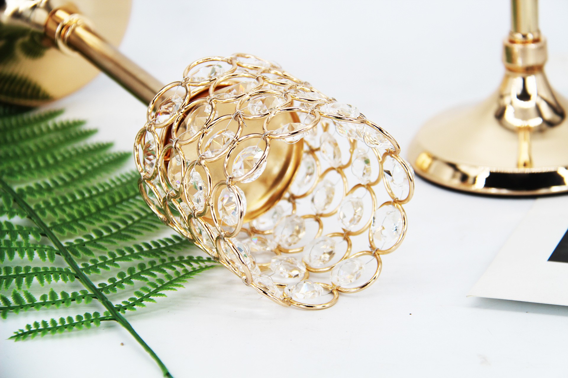 Romantic candlelight dinner, golden crystal candlestick ornament, modern dining table, feather decoration, European crystal candlestick detail image 8