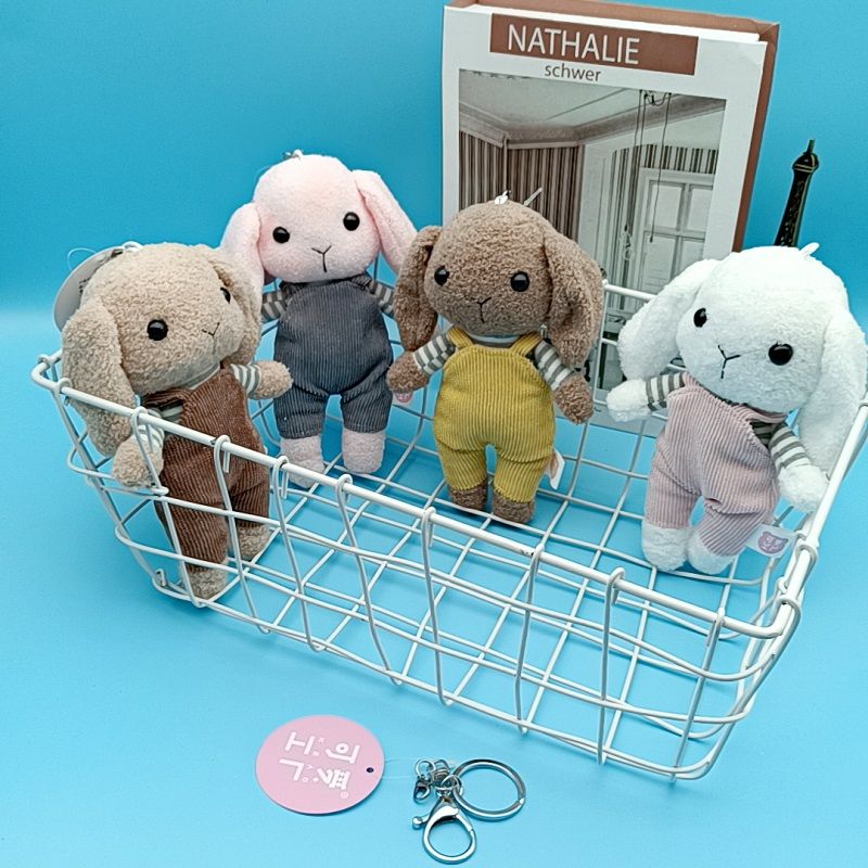 New overalls long ear rabbit keychain chain plush bunny doll lovers gift bag pendant female