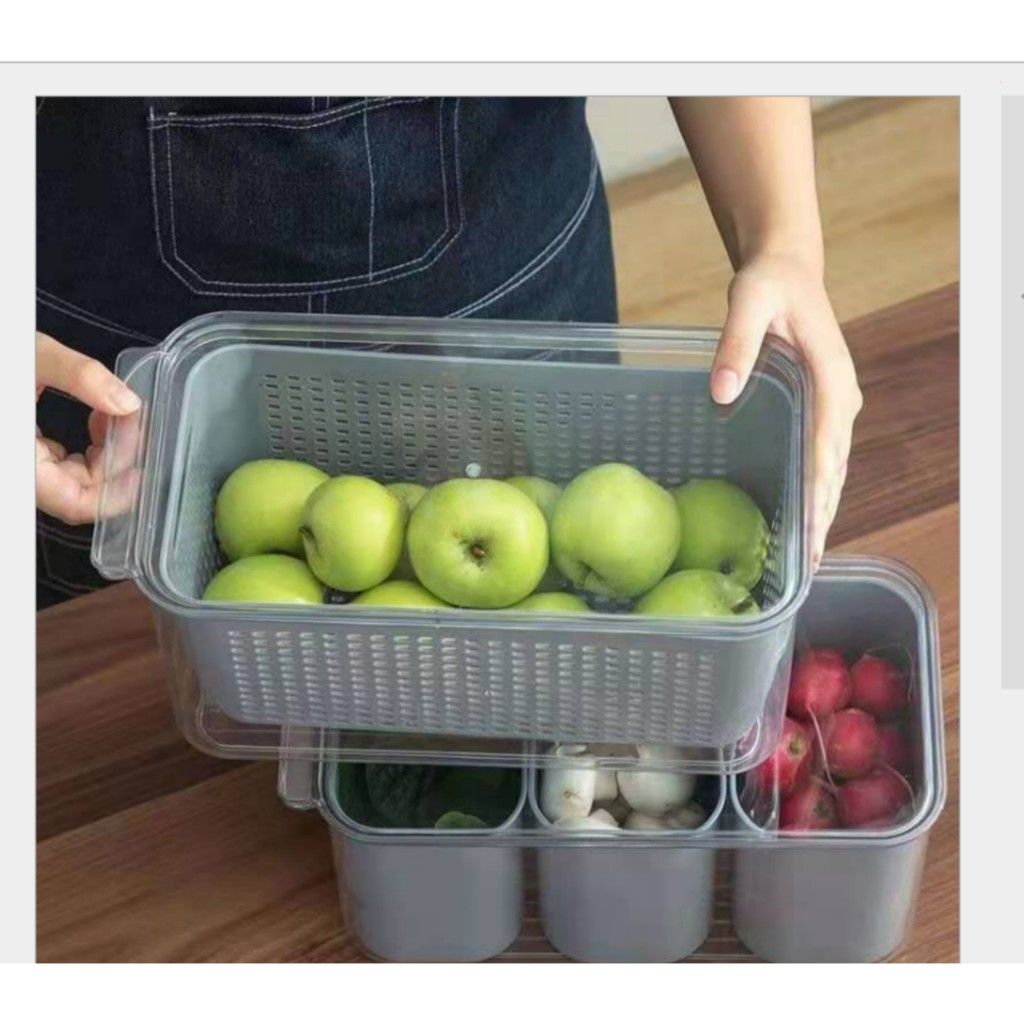 日式沥水保鲜盒冰箱收纳盒厨房塑料洗菜篮洗水果双层透明分装密封 小号产品图