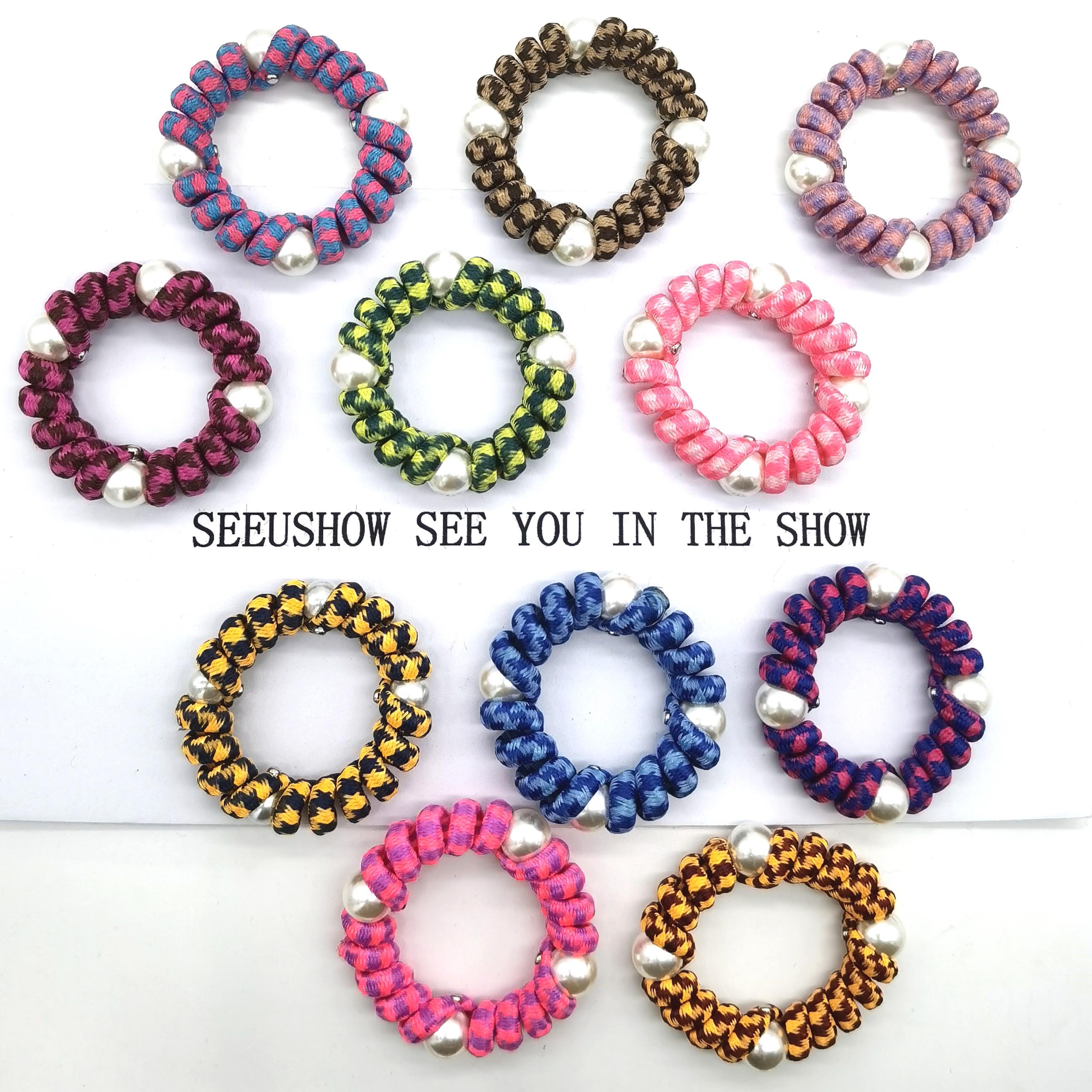 2021 new arraival 4 pearl beads elegent telephone wire Beautiful spring colorful for girls hair elastic bands thumbnail