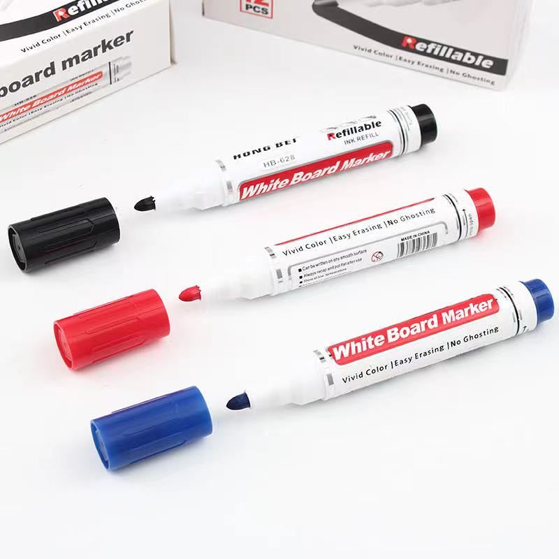 The whiteboard pen can be erased black and refilled with ink. It is a large-capacity three-color 12-piece box with a thick-tipped water-based pen