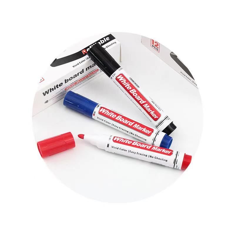 The whiteboard pen can be erased black and refilled with ink. It is a large-capacity three-color 12-piece box with a thick-tipped water-based pen Specification image