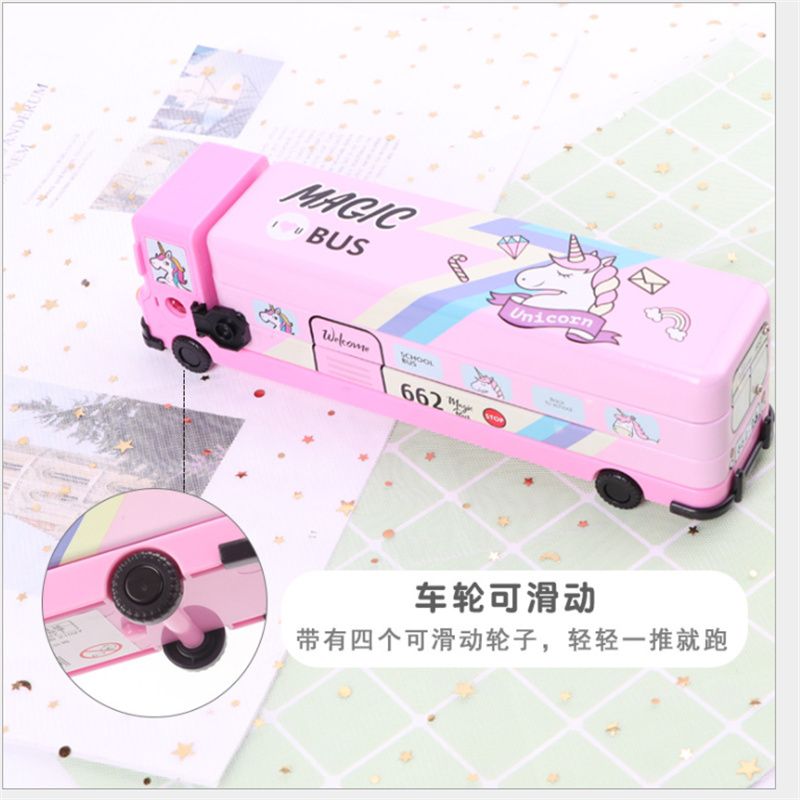 12770811051397517 School bus, iron pencil case, cute cartoon for primary school students, large capacity three-layer stationery box, iron pencil case, pencil case wholesale stationery box, student supplies, student cartoon details Picture