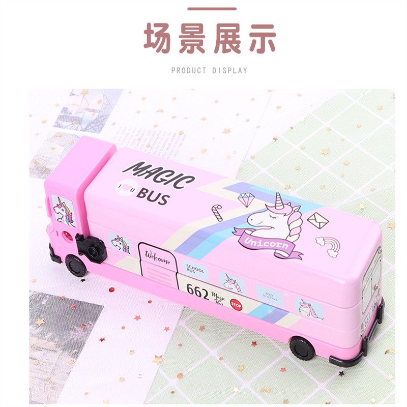 12770811051397517 School bus, iron pencil case, cute cartoon for primary school students, large capacity three-layer stationery box, iron pencil case, pencil case wholesale stationery box, student supplies, student cartoon detail image 6