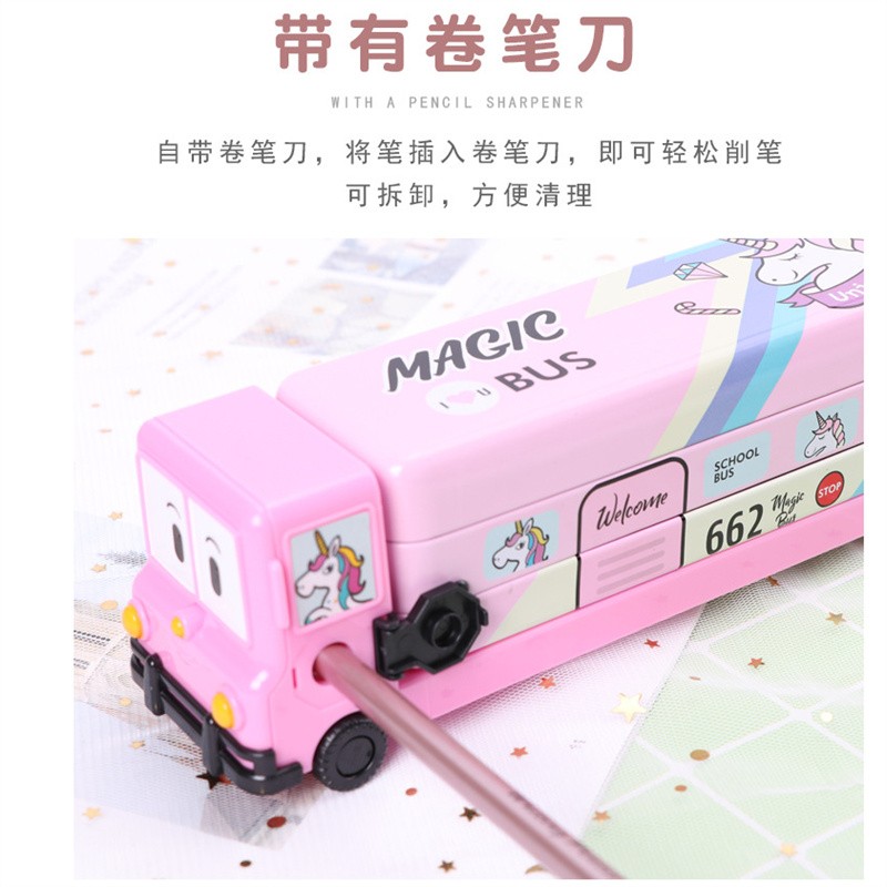 12770811051397517 School bus, iron pencil case, cute cartoon for primary school students, large capacity three-layer stationery box, iron pencil case, pencil case wholesale stationery box, student supplies, student cartoon detail image 4