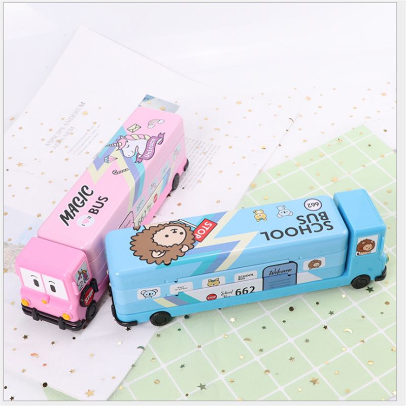 12770811051397517 School bus, iron pencil case, cute cartoon for primary school students, large capacity three-layer stationery box, iron pencil case, pencil case wholesale stationery box, student supplies, student cartoon Application Scenario