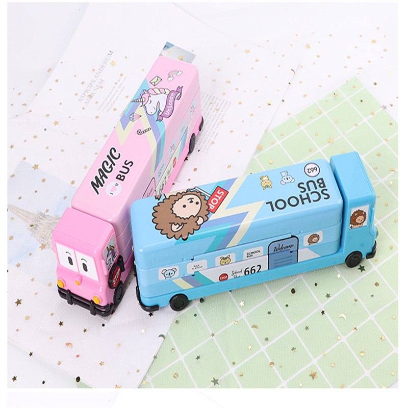 12770811051397517 School bus, iron pencil case, cute cartoon for primary school students, large capacity three-layer stationery box, iron pencil case, pencil case wholesale stationery box, student supplies, student cartoon detail image 8