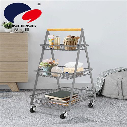 Wooden handle trolley for kitchen and living room, three-layer net basket trolley for bathroom and bedroom, cosmetics storage, floor-standing storage rack Specification image