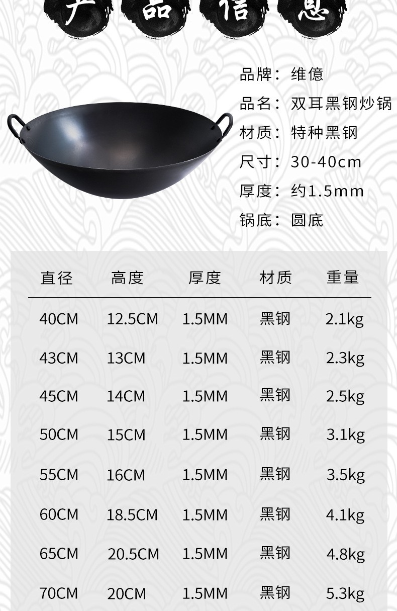 60cm双耳黑钢炒锅餐厅厨房专用炒菜锅无涂层不粘锅详情图4