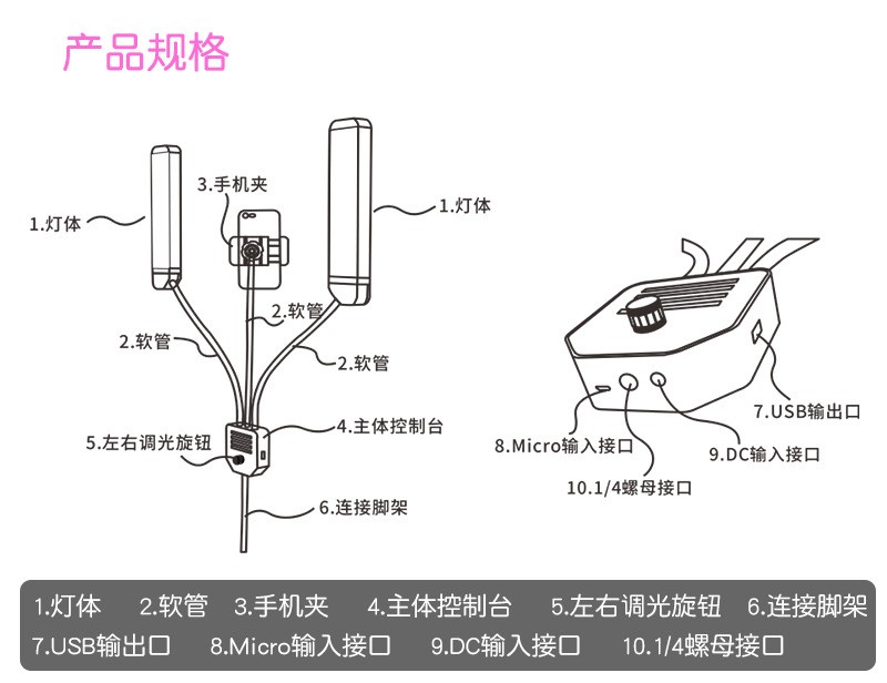 直播补光灯 网红主播美容化妆摄影双臂环形灯 手机LED美颜闪光灯详情图17