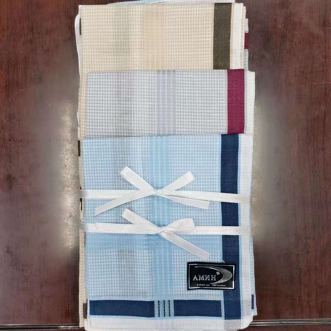 Light-colored wide-edge cross-shaped pure cotton men's handkerchief or handkerchief, 43 cm details Picture