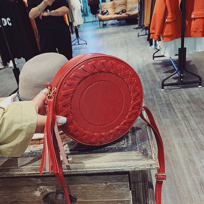 万家和箱包 流苏小圆包包女新款潮编织小包复古单肩包迷你学生少