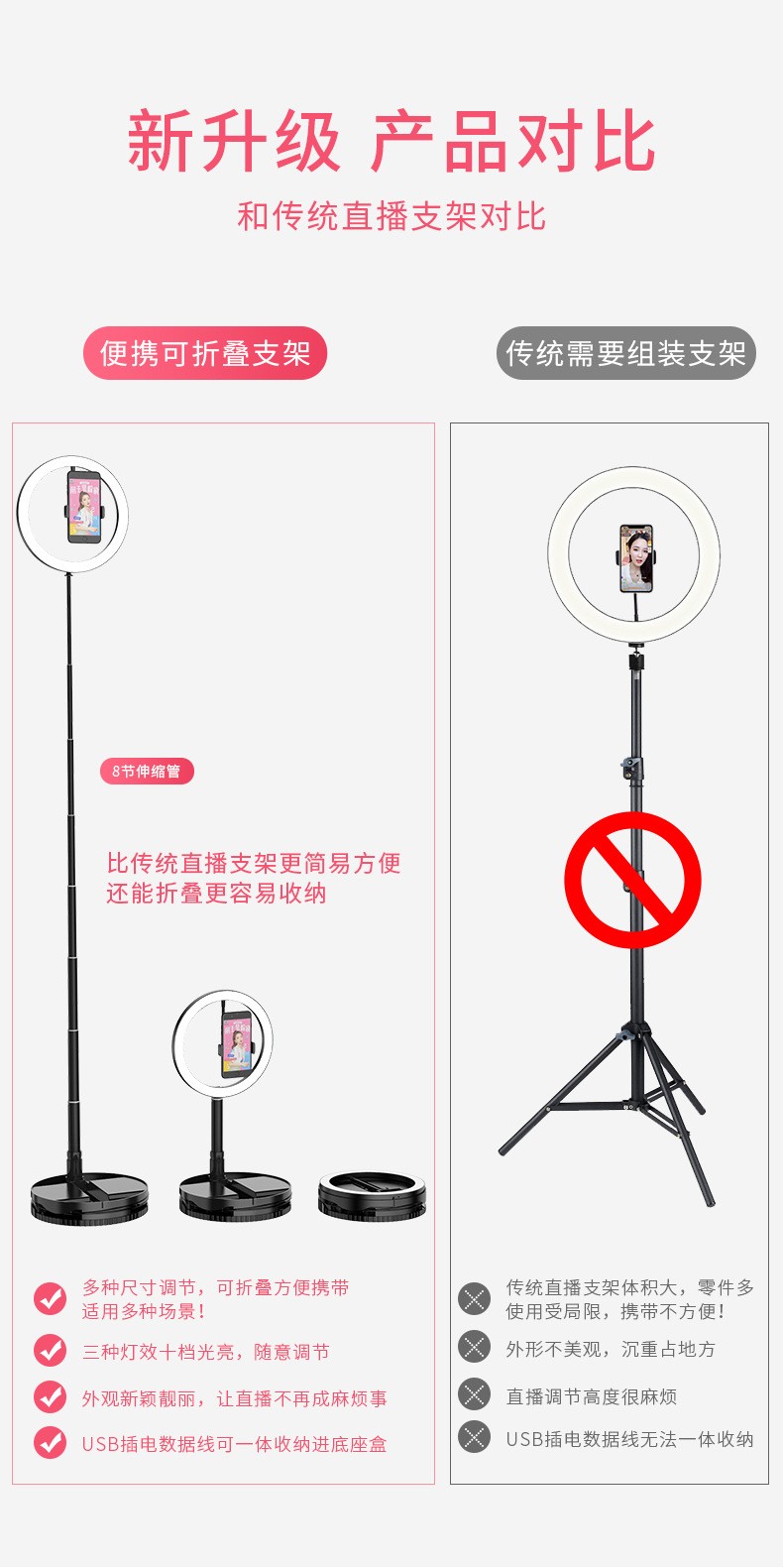 手机直播支架补光灯折叠便携美颜补光灯环形灯网红直播补光灯详情图3