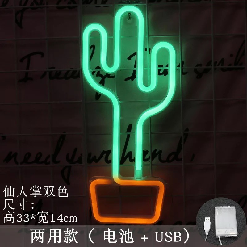 led flexible shaped cactus potted plant, dual-purpose battery +USB night light, wall decoration, InS-style neon light strip detail image 1