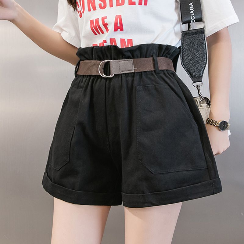 Korean-style high-waisted slimming shorts with loose and tight waists, versatile casual shorts, summer women's flower-patterned waist, rolled edges, wide-leg four-quarter pants Specification image
