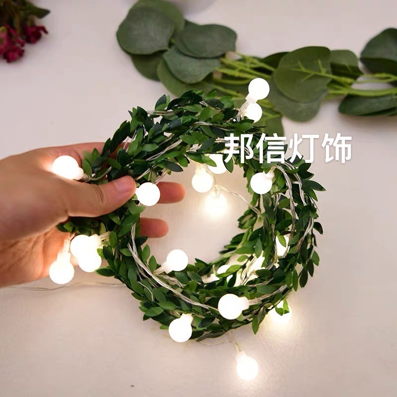 led rattan leaf, rattan, round bead, frosted ball, small colored light, pastoral decoration, Christmas party, festival embellishment, desk light string, ins style, 2-meter 10-lamp, battery box detail image 1