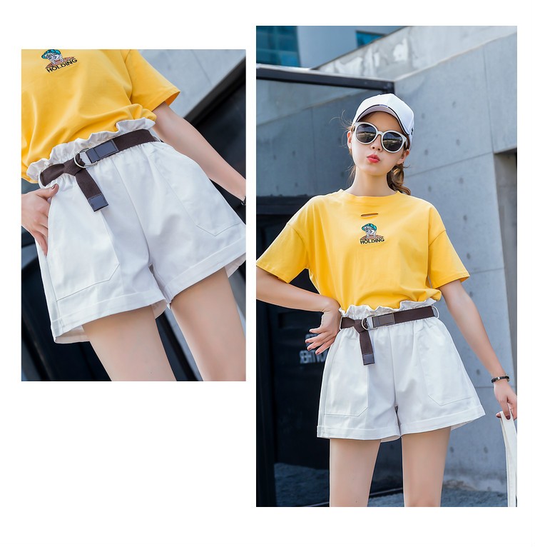 Korean-style high-waisted slimming shorts with loose and tight waists, versatile casual shorts, summer women's flower-patterned waist, rolled edges, wide-leg four-quarter pants detail image 2