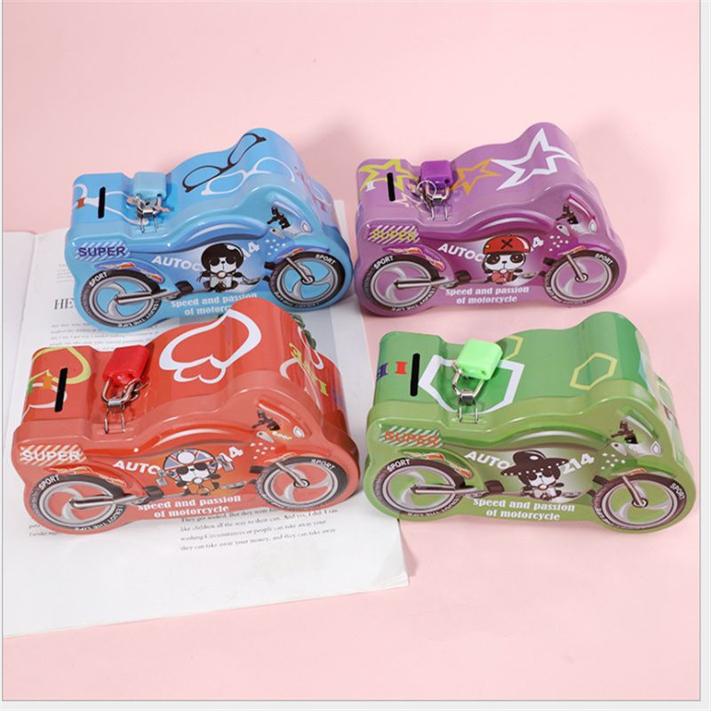 DME026 Little Motorcycle Cartoon Piggy Bank, children's creative piggy bank, custom tinplate box, school gift manufacturer wholesale piggy bank full figure