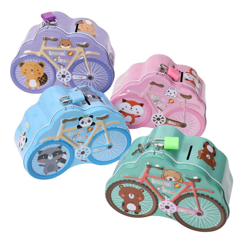 DME010 Cute Piggy Bank, Custom cartoon bicycle, birthday gift, tinplate piggy bank, children's piggy bank full figure