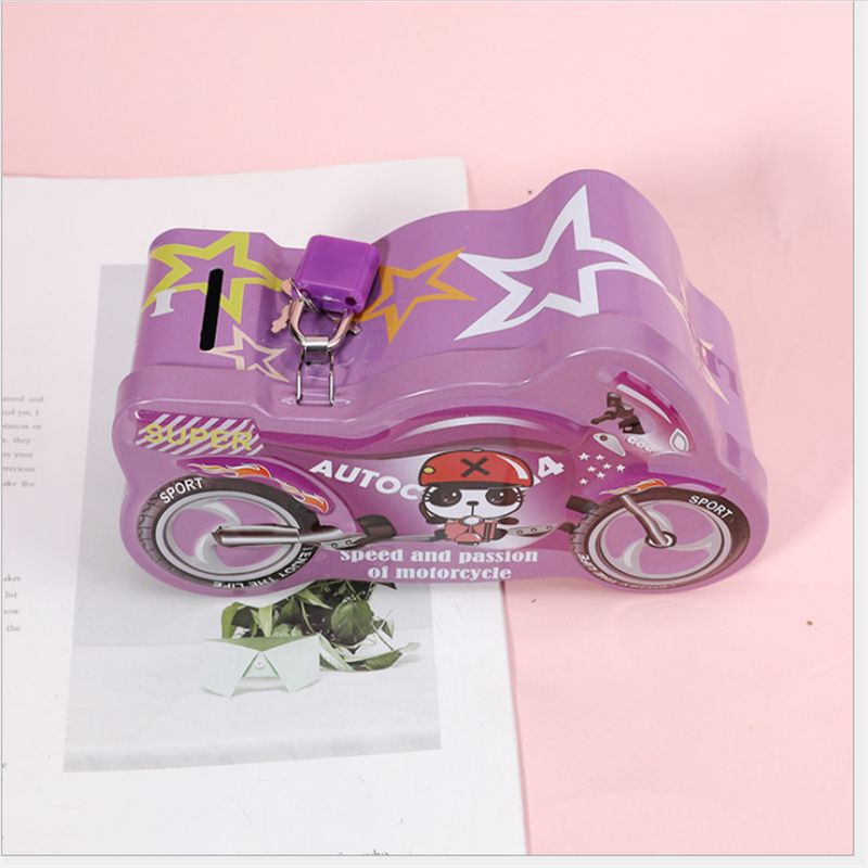 DME026 Little Motorcycle Cartoon Piggy Bank, children's creative piggy bank, custom tinplate box, school gift manufacturer wholesale piggy bank Specification drawing